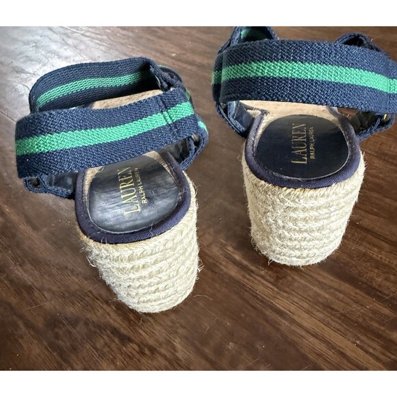 Lauren Ralph Lauren Women’s Wedge Sandals 8.5B Green Navy Strap Ankle 3” Preppy - Picture 5 of 10